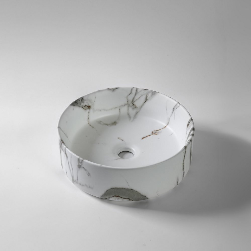 CLAYA ROUND ABOVE COUNTER BASIN MATTE WHITE CARRARA MARBLE LOOK 360MM