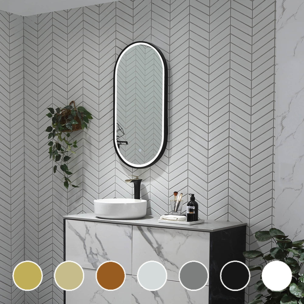 REMER GATSBY OVAL FRAMED LED MIRROR W/ DEMISTER & PORTABLE MAGNIFIER CUSTOM COLOURS 450X900MM