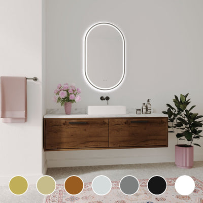 REMER GATSBY OVAL FRAMED LED MIRROR W/ DEMISTER & PORTABLE MAGNIFIER CUSTOM COLOURS 600X1000MM