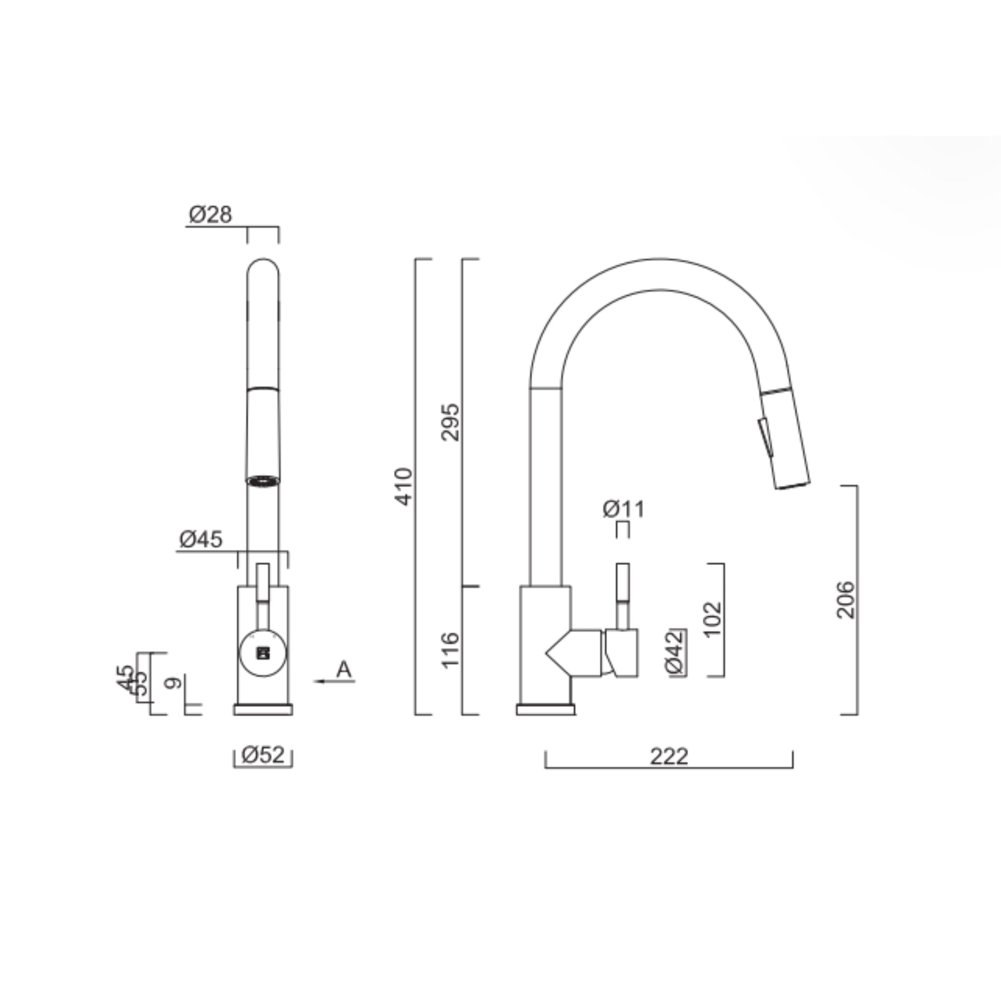 GARETH ASHTON 304 GOOSENECK PULL OUT DUAL SPRAY FUNCTION KITCHEN MIXER 410MM STAINLESS STEEL