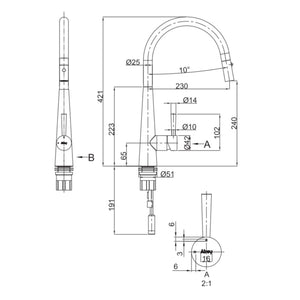 GARETH ASHTON 316 GOOSENECK PULL OUT DUAL SPRAY FUNCTION KITCHEN MIXER 420MM STAINLESS STEEL