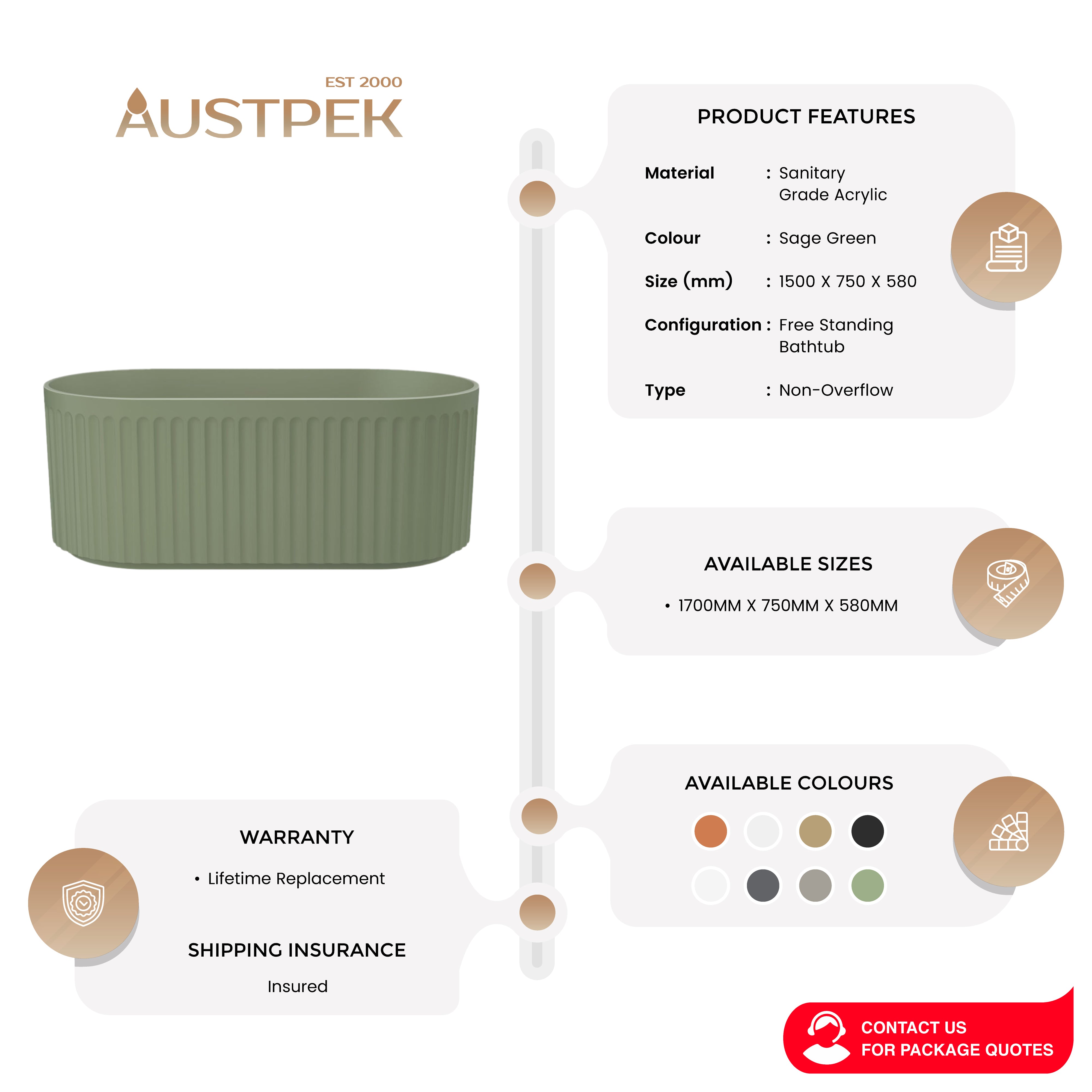 LINSOL GEORG FREESTANDING BATHTUB SAGE GREEN (AVAILABLE IN 1500MM AND 1700MM)