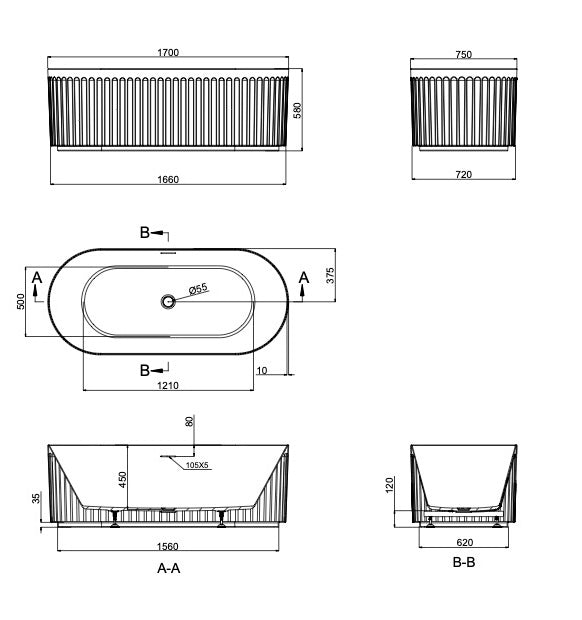 Linsol Georg Freestanding Bath 1700mm line drawing