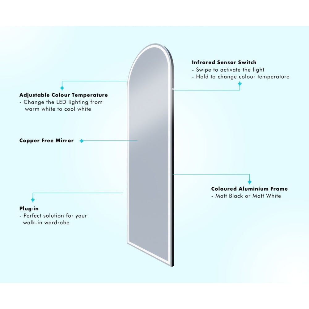 REMER ARCH FRAMED LED MIRROR WITH PORTABLE MAGNIFIER MATTE BLACK 600X1800MM