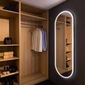 REMER GATSBY OVAL FRAMED LED MIRROR WITH PORTABLE MAGNIFIER MATTE BLACK 600X1800MM