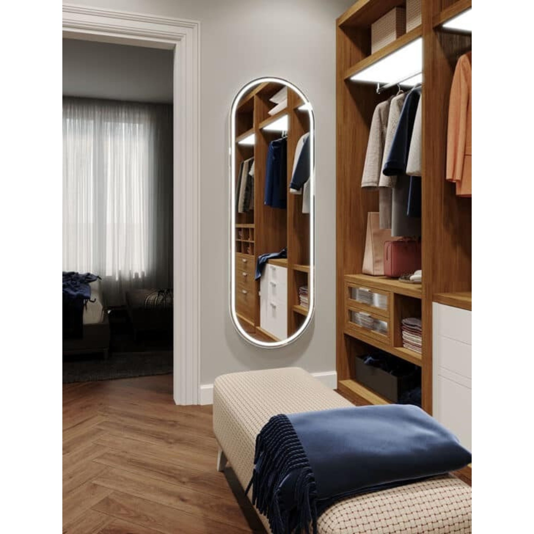 REMER GATSBY OVAL FRAMED LED MIRROR WITH PORTABLE MAGNIFIER MATTE WHITE 600X1800MM