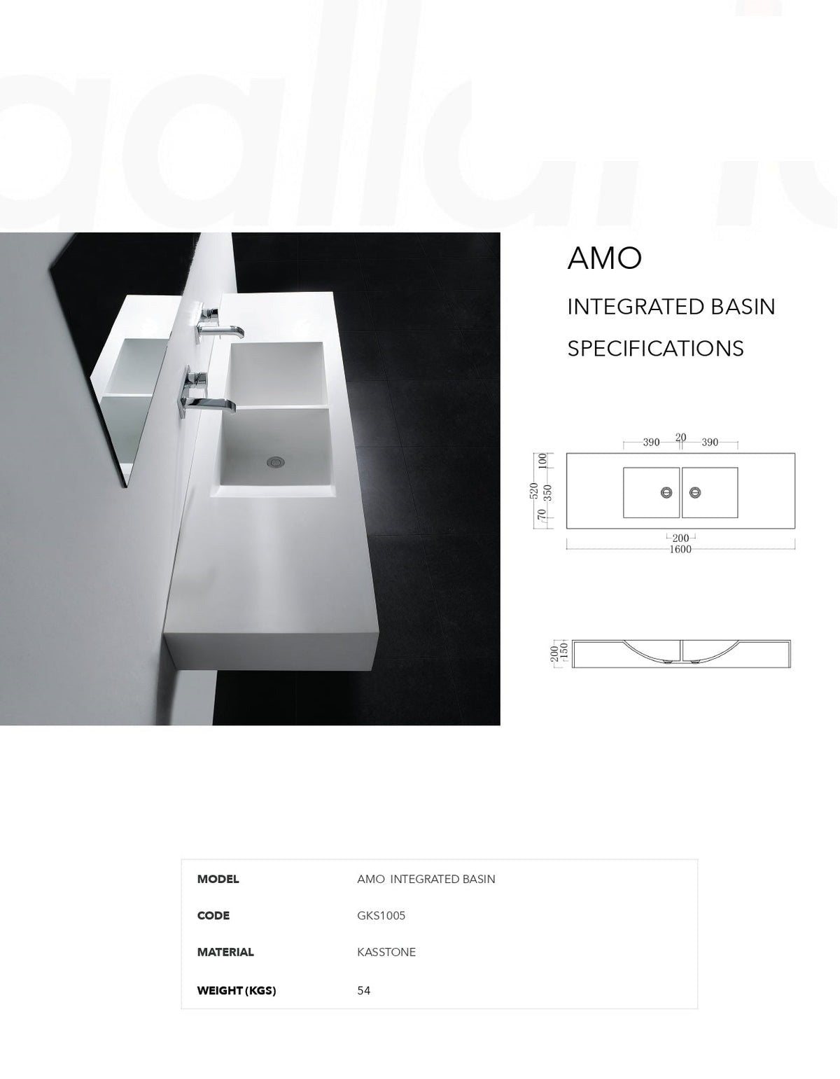 GALLARIA AMO RECTANGULAR WALL HUNG STONE BASIN WHITE 1600MM