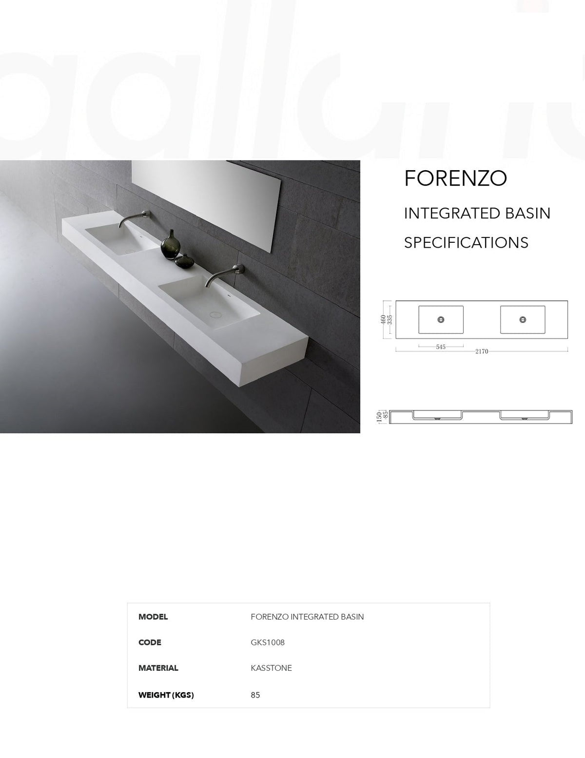 GALLARIA FORENZO RECTANGULAR WALL HUNG STONE BASIN WHITE 2170MM