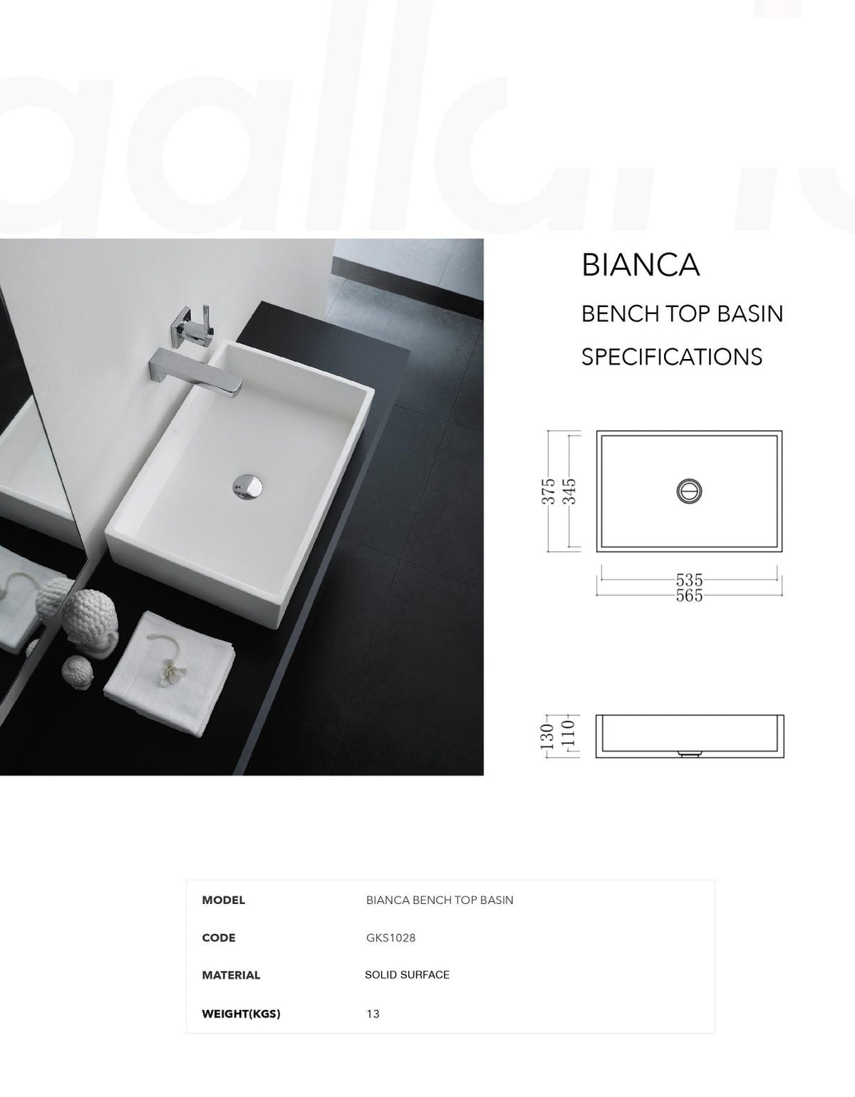 GALLARIA BIANCA RECTANGULAR ABOVE COUNTER STONE BASIN WHITE 565MM