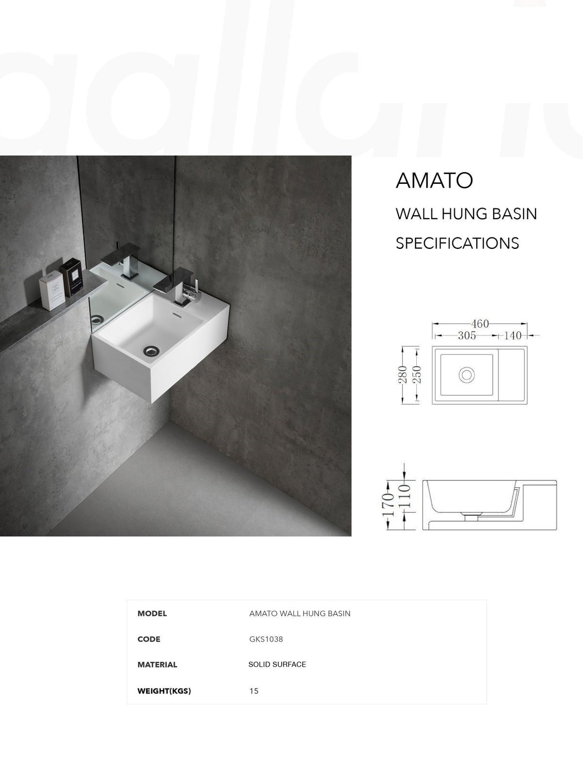 GALLARIA AMATO WALL HUNG STONE BASIN WHITE 460MM