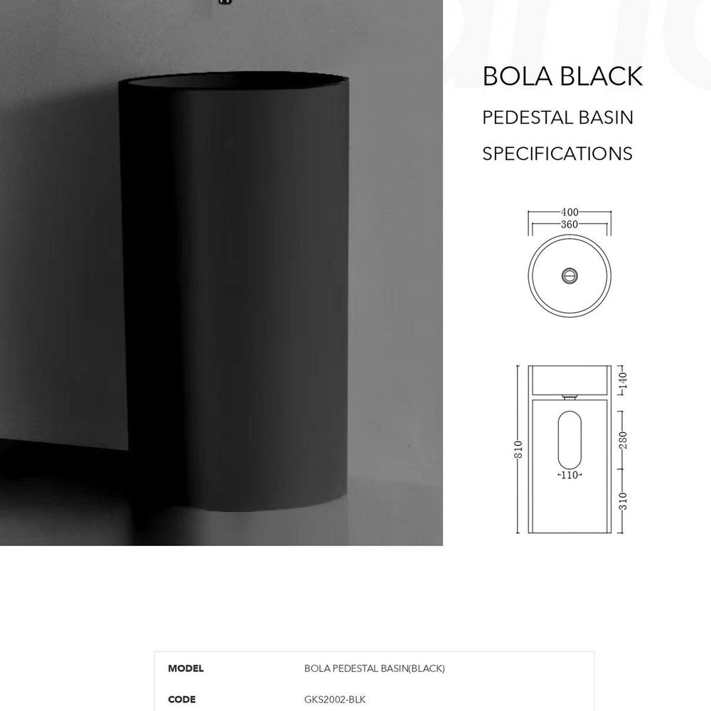 GALLARIA BOLA FREESTANDING PEDESTAL STONE BASIN BLACK 400MM X 810MM