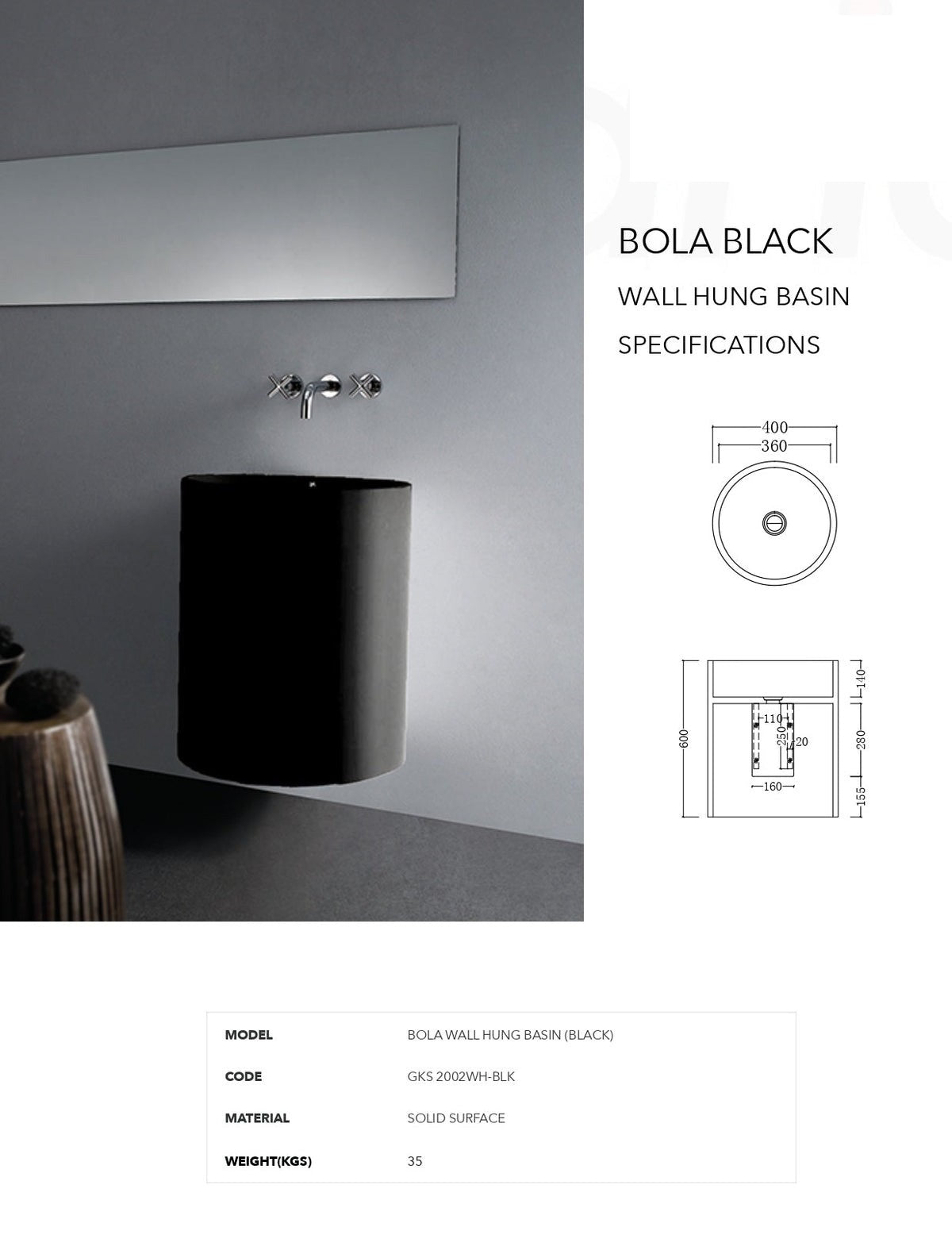 GALLARIA BOLA ROUND WALL HUNG STONE BASIN BLACK 400MM X 600MM