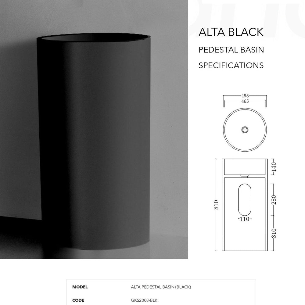 GALLARIA ALTA FREESTANDING PEDESTAL STONE BASIN BLACK 495MM X 810MM
