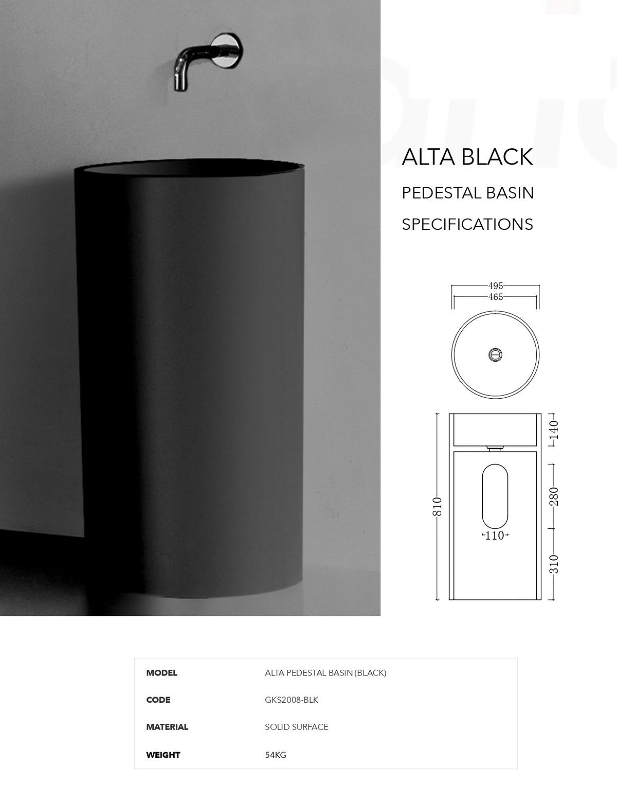 GALLARIA ALTA FREESTANDING PEDESTAL STONE BASIN BLACK 495MM X 810MM