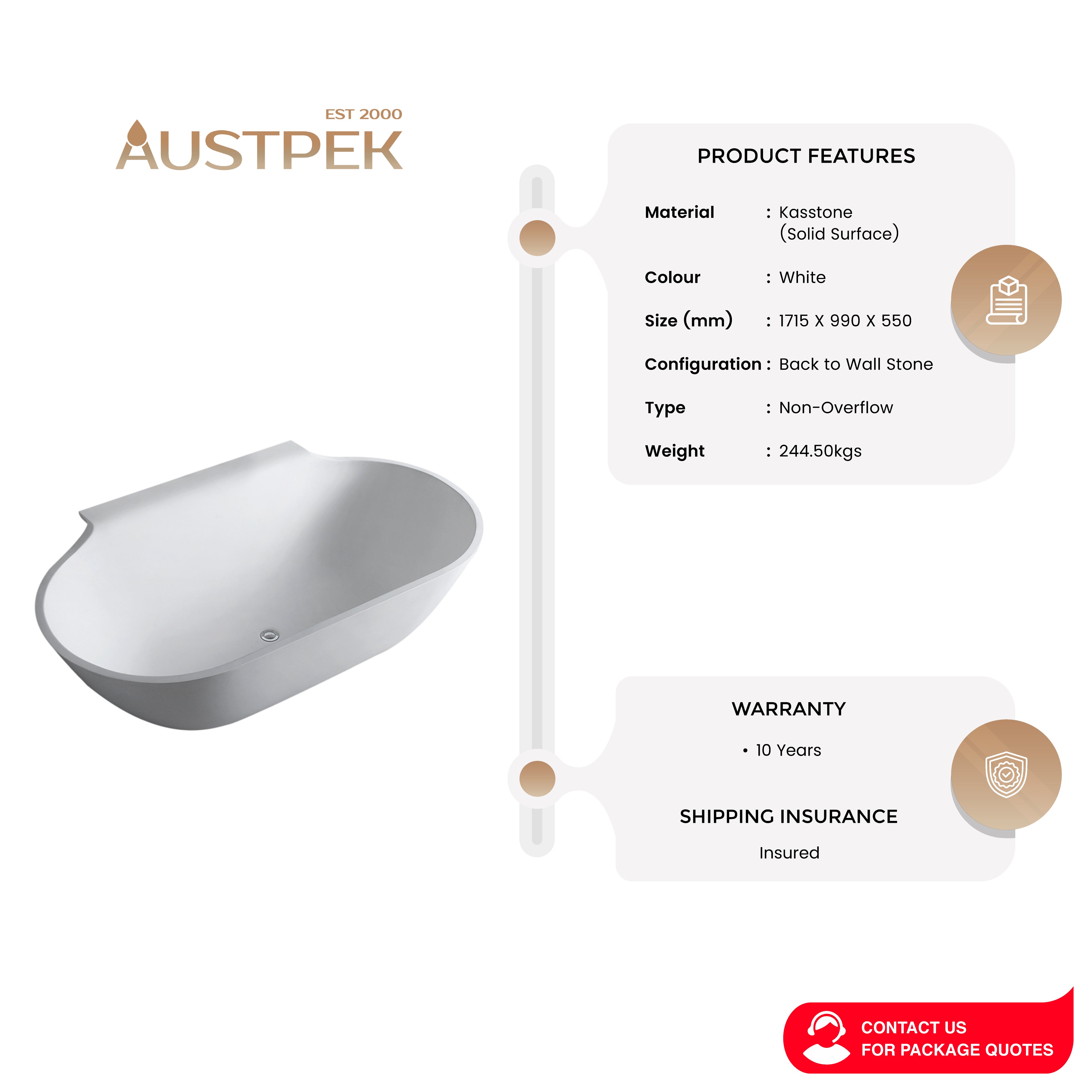 GALLARIA VIGO BACK TO WALL STONE BATHTUB WHITE 1700MM