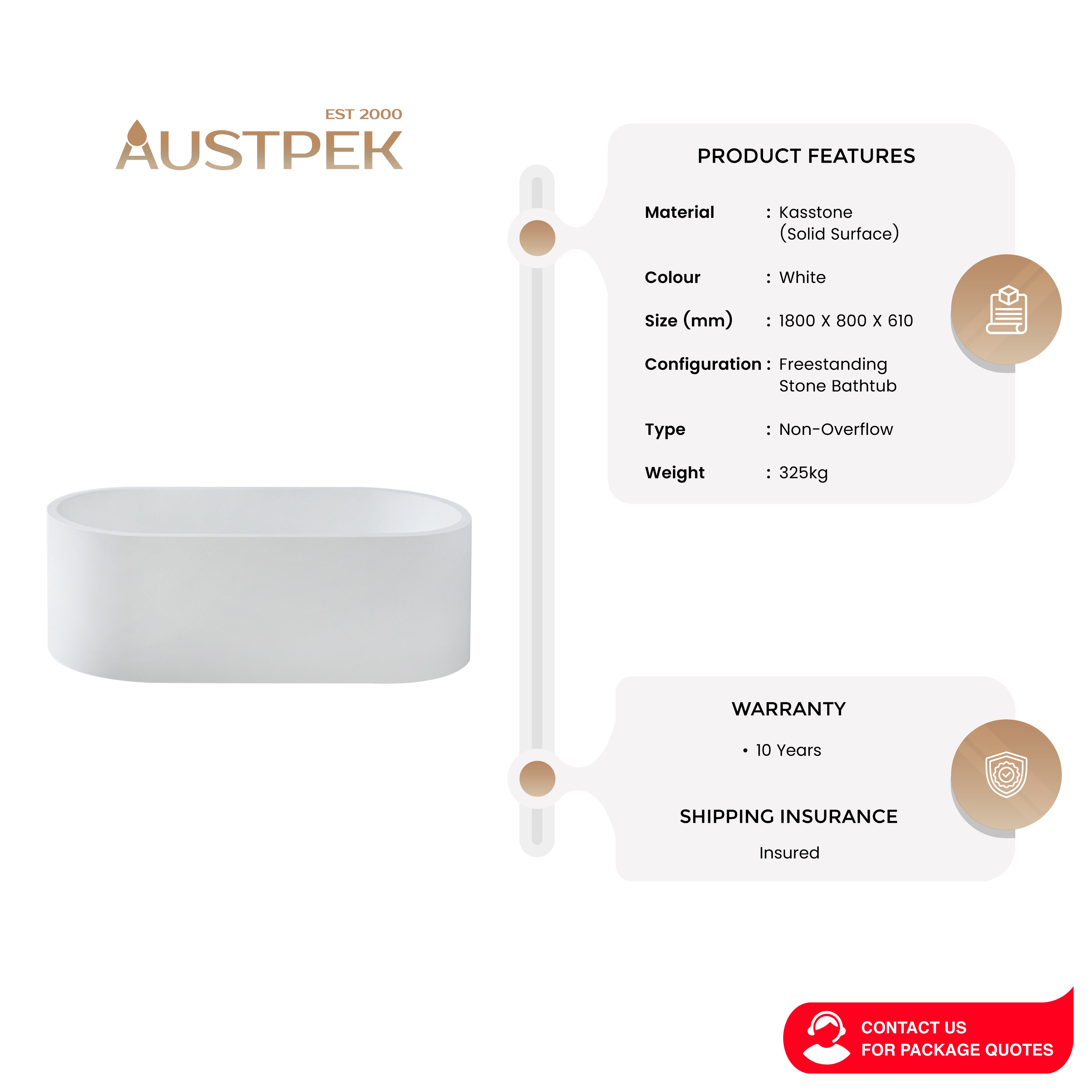 GALLARIA TERAMO FREESTANDING STONE BATHTUB WHITE 1800MM