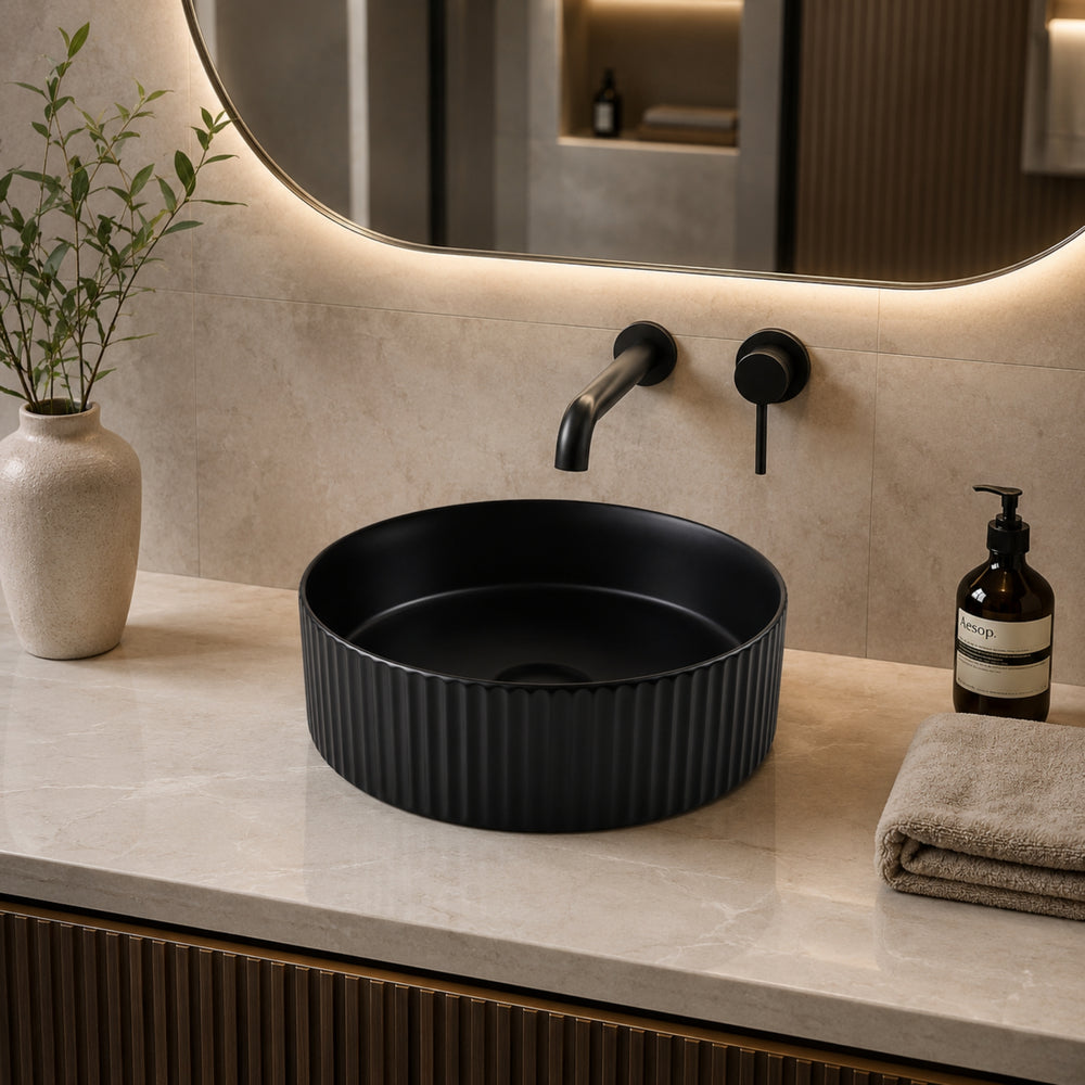 VITO GENEVA FLUTED ABOVE COUNTER BASIN MATTE BLACK 360MM