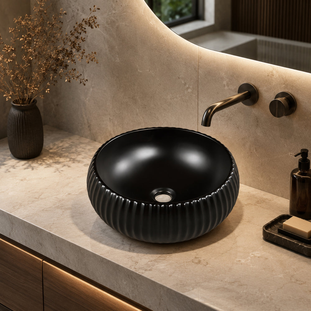VITO GENEVA FLUTED ABOVE COUNTER BASIN MATTE BLACK 400MM