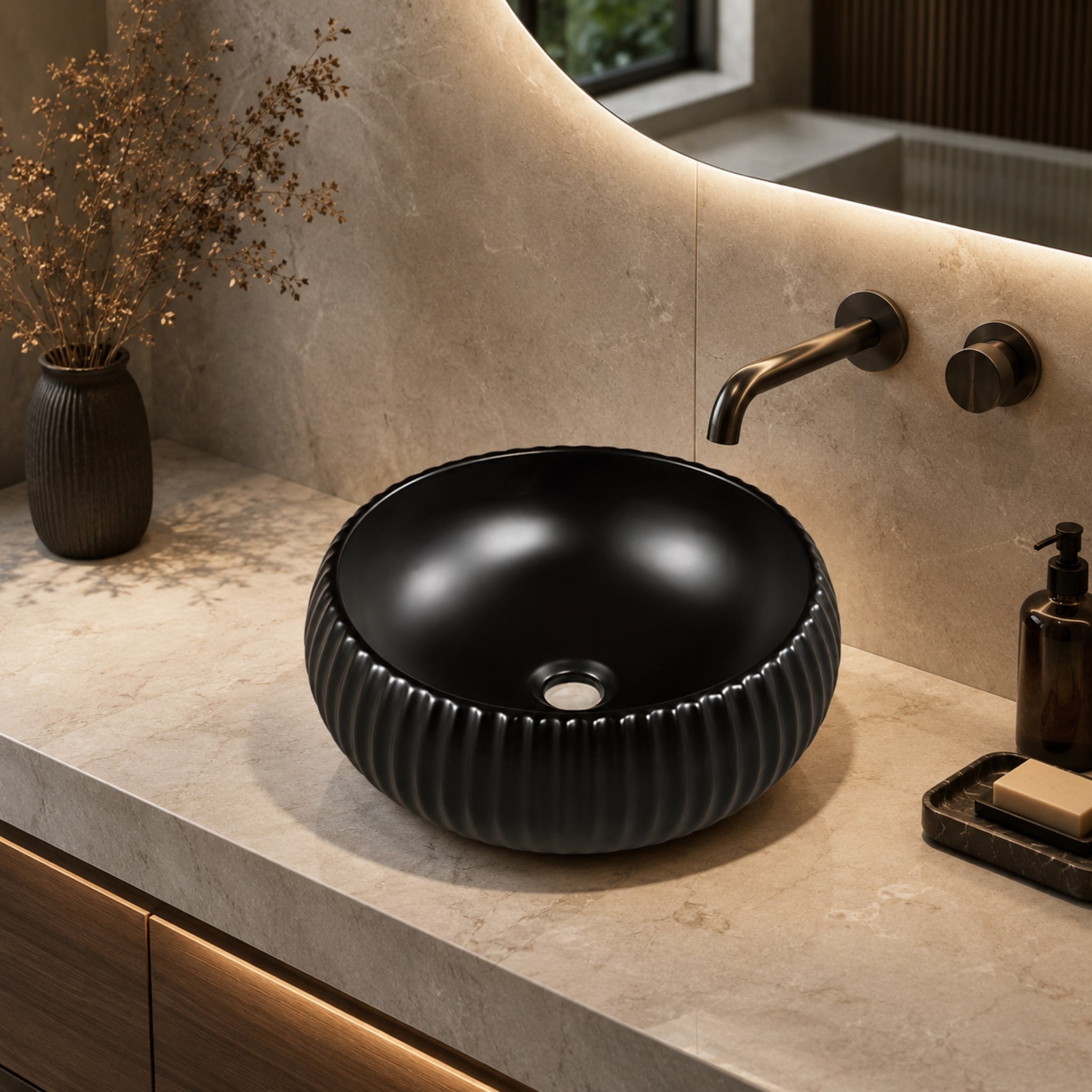 VITO GENEVA FLUTED ABOVE COUNTER BASIN MATTE BLACK 400MM
