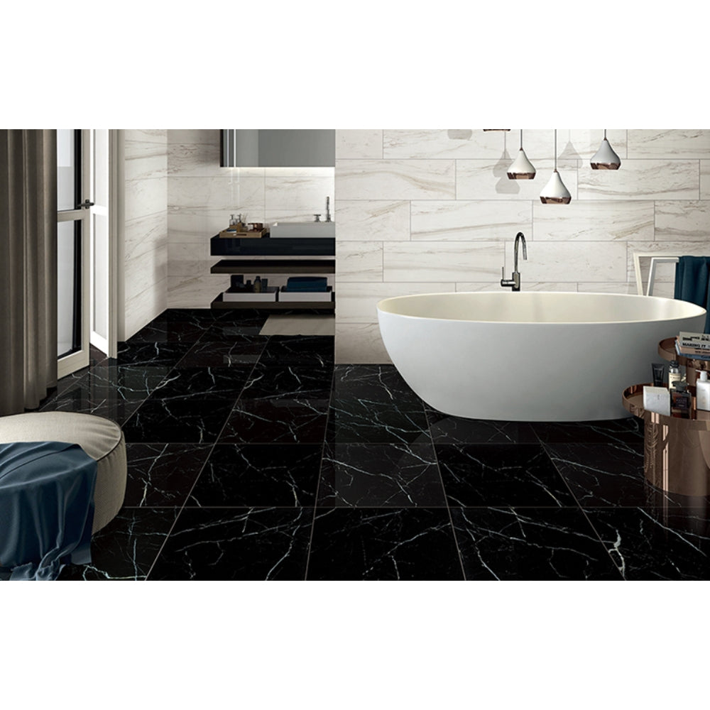 EVERSTONE EUROMARMO NERO MARQUINA POLISHED 600X300MM RECTANGLE TILE (PER BOX)