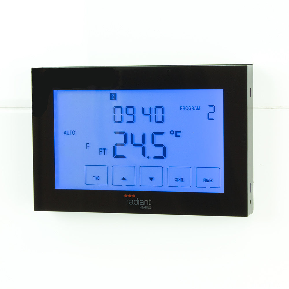 RADIANT HEATING GLASS FRONTED TOUCH SCREEN THERMOSTAT HORIZONTAL MOUNTED BLACK 120MM