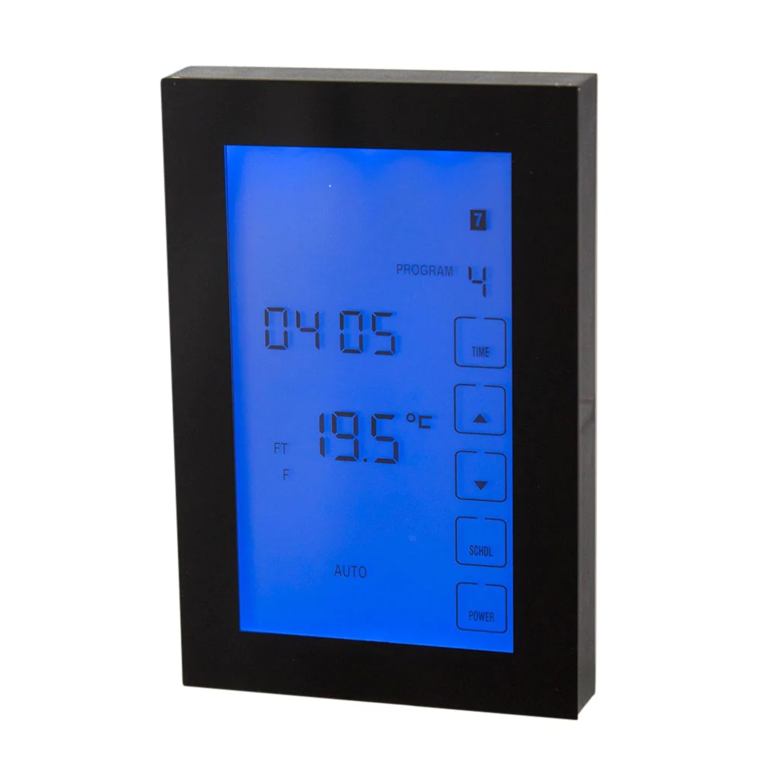 RADIANT HEATING GLASS FRONTED TOUCH SCREEN THERMOSTAT VERTICAL MOUNTED BLACK 120MM