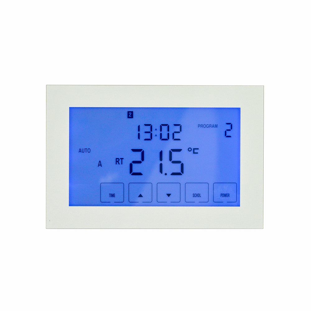 RADIANT HEATING GLASS FRONTED TOUCH SCREEN THERMOSTAT HORIZONTAL MOUNTED SILVER 120MM