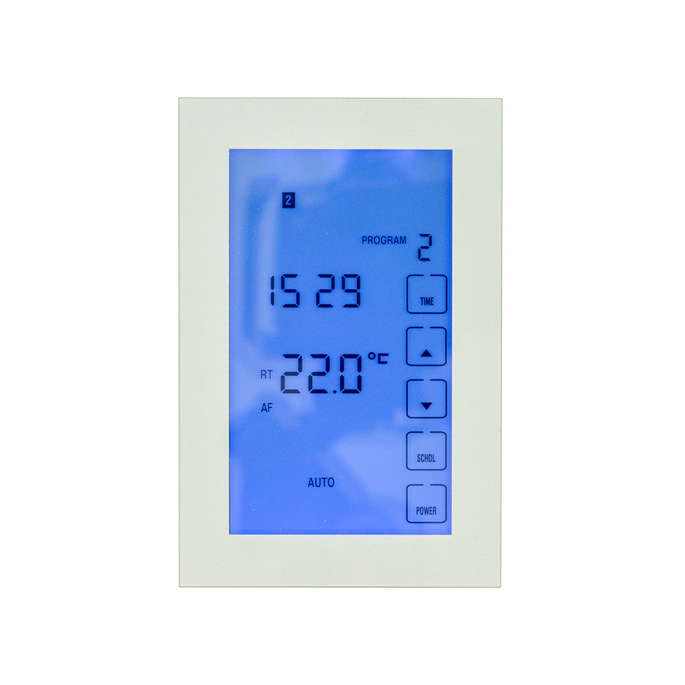 RADIANT HEATING GLASS FRONTED TOUCH SCREEN THERMOSTAT VERTICAL MOUNTED SILVER 120MM