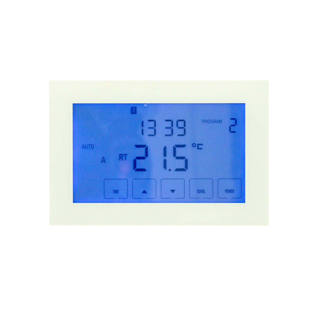 RADIANT HEATING GLASS FRONTED TOUCH SCREEN THERMOSTAT HORIZONTAL MOUNTED WHITE 120MM