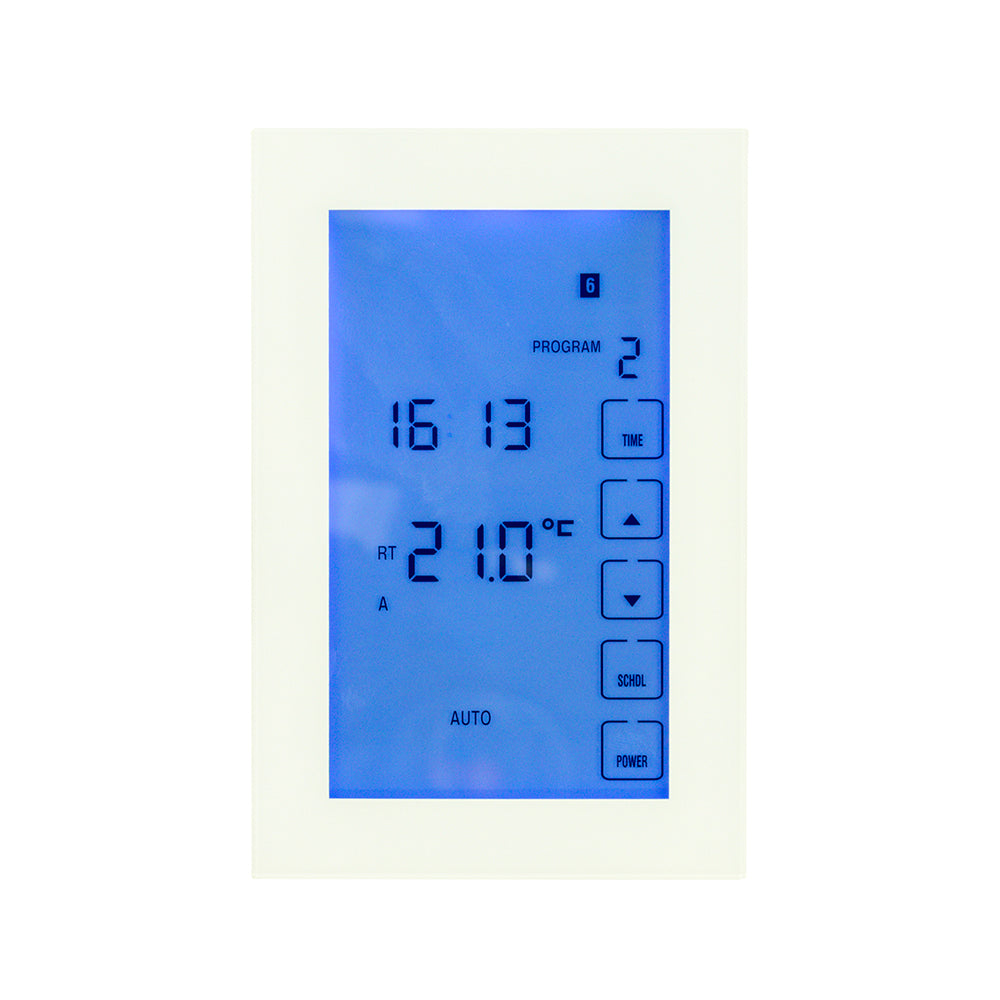 RADIANT HEATING GLASS FRONTED TOUCH SCREEN THERMOSTAT VERTICAL MOUNTED WHITE 120MM