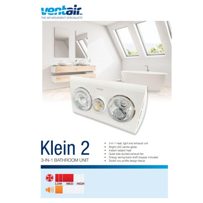 VENTAIR KLEIN 2 3IN1 BATHROOM UNIT WITH 2 HEAT LAMPS, CENTRE LED GLOBE, AND SIDE DUCTED WITH DRAFT STOPPER WHITE