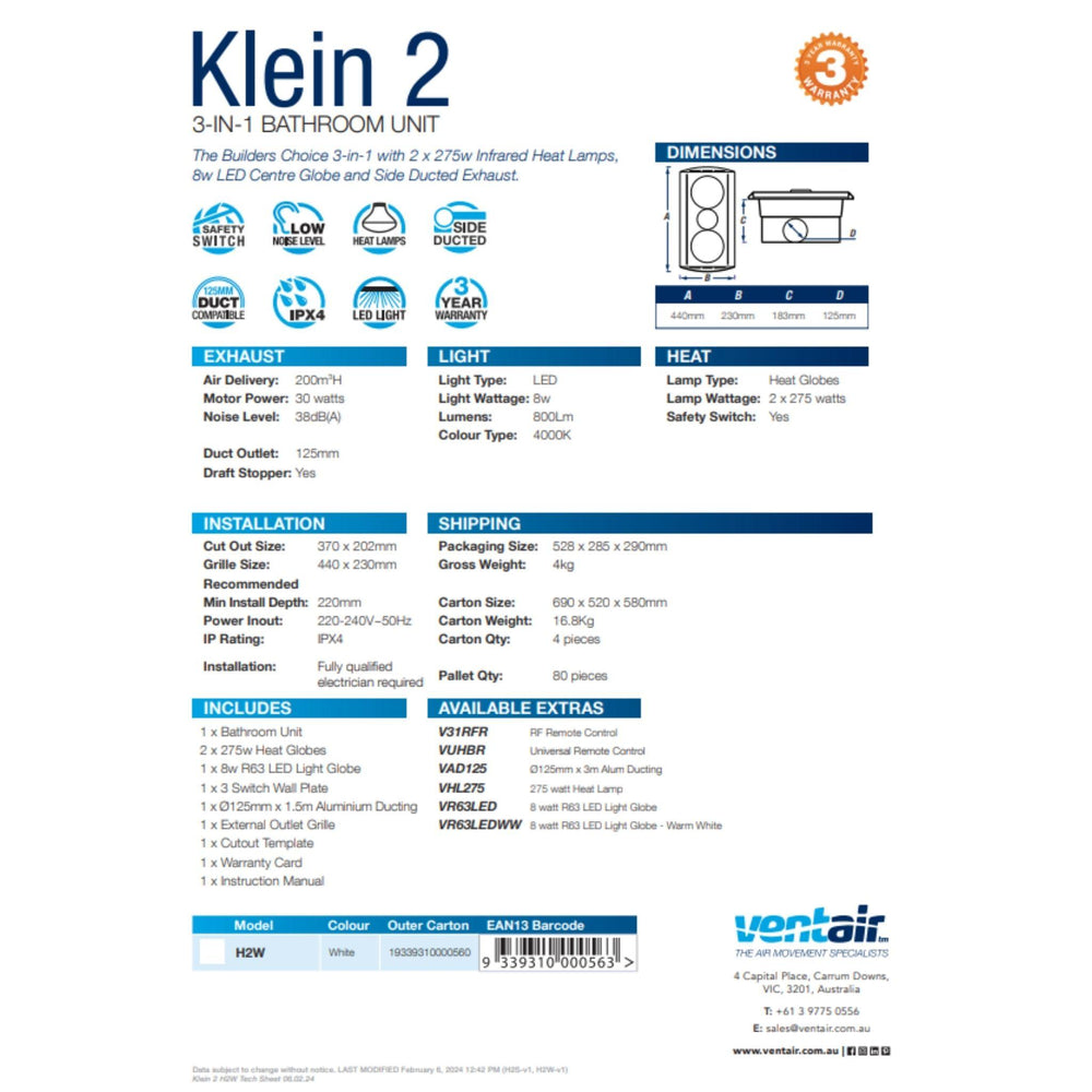 VENTAIR KLEIN 2 3IN1 BATHROOM UNIT WITH 2 HEAT LAMPS, CENTRE LED GLOBE, AND SIDE DUCTED WITH DRAFT STOPPER WHITE