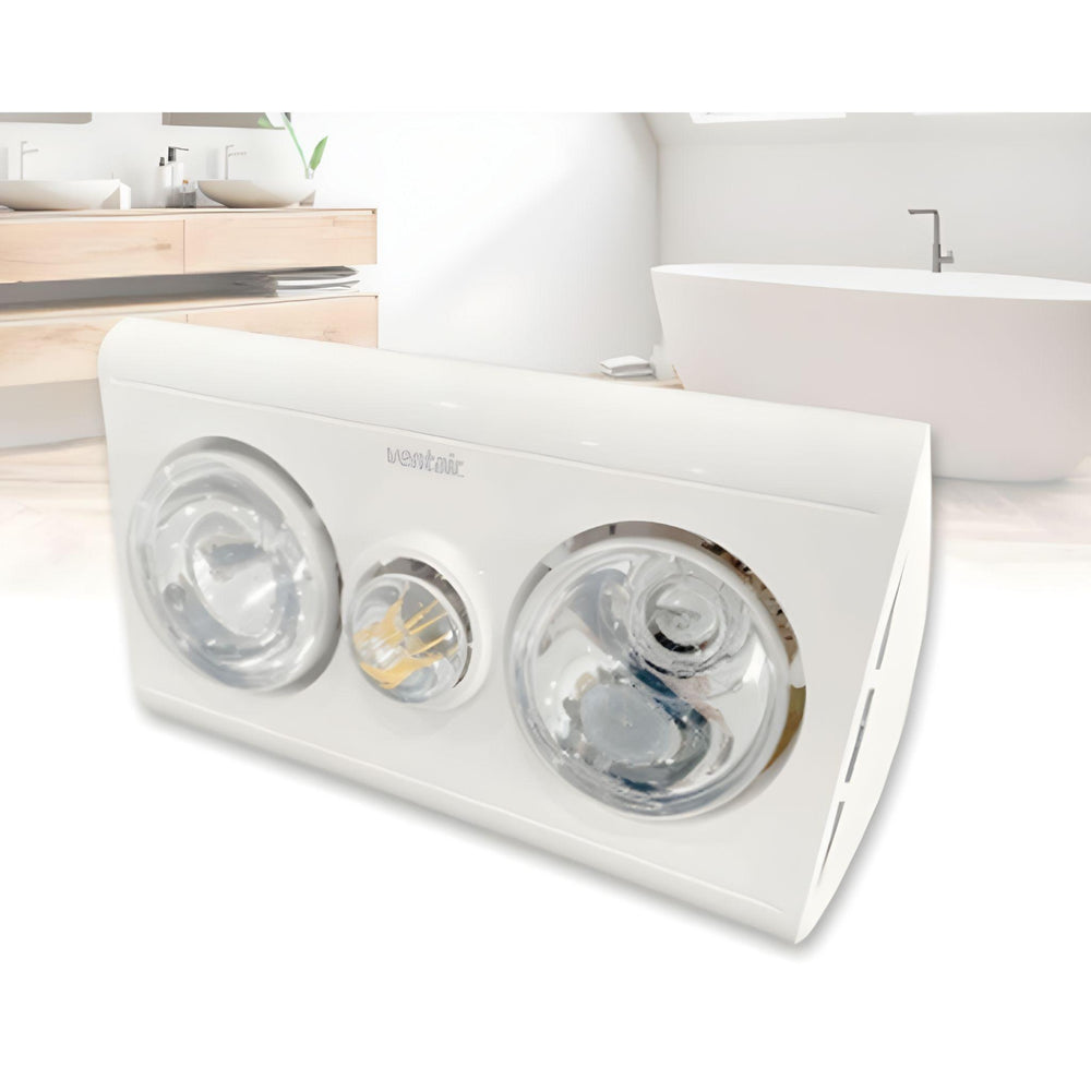 VENTAIR KLEIN 2 3IN1 BATHROOM UNIT WITH 2 HEAT LAMPS, CENTRE LED GLOBE, AND SIDE DUCTED WITH DRAFT STOPPER WHITE
