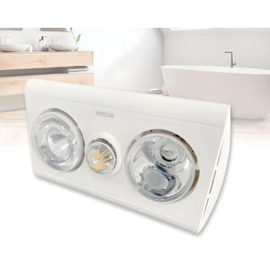 VENTAIR KLEIN 2 3IN1 BATHROOM UNIT WITH 2 HEAT LAMPS, CENTRE LED GLOBE, AND SIDE DUCTED WITH DRAFT STOPPER WHITE