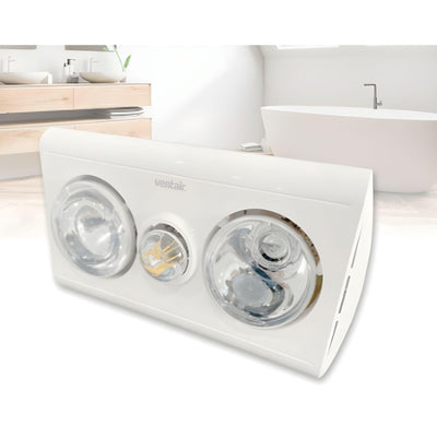 VENTAIR KLEIN 2 3IN1 BATHROOM UNIT WITH 2 HEAT LAMPS, CENTRE LED GLOBE, AND SIDE DUCTED WITH DRAFT STOPPER WHITE