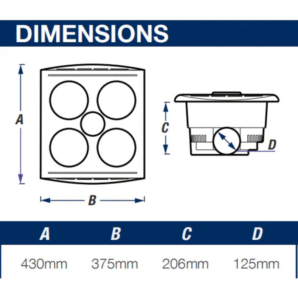 VENTAIR KLEIN 4 3IN1 BATHROOM UNIT WITH 4 HEAT LAMPS, CENTRE LED GLOBE, AND SIDE DUCTED WITH DRAFT STOPPER WHITE