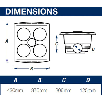 VENTAIR KLEIN 4 3IN1 BATHROOM UNIT WITH 4 HEAT LAMPS, CENTRE LED GLOBE, AND SIDE DUCTED WITH DRAFT STOPPER WHITE
