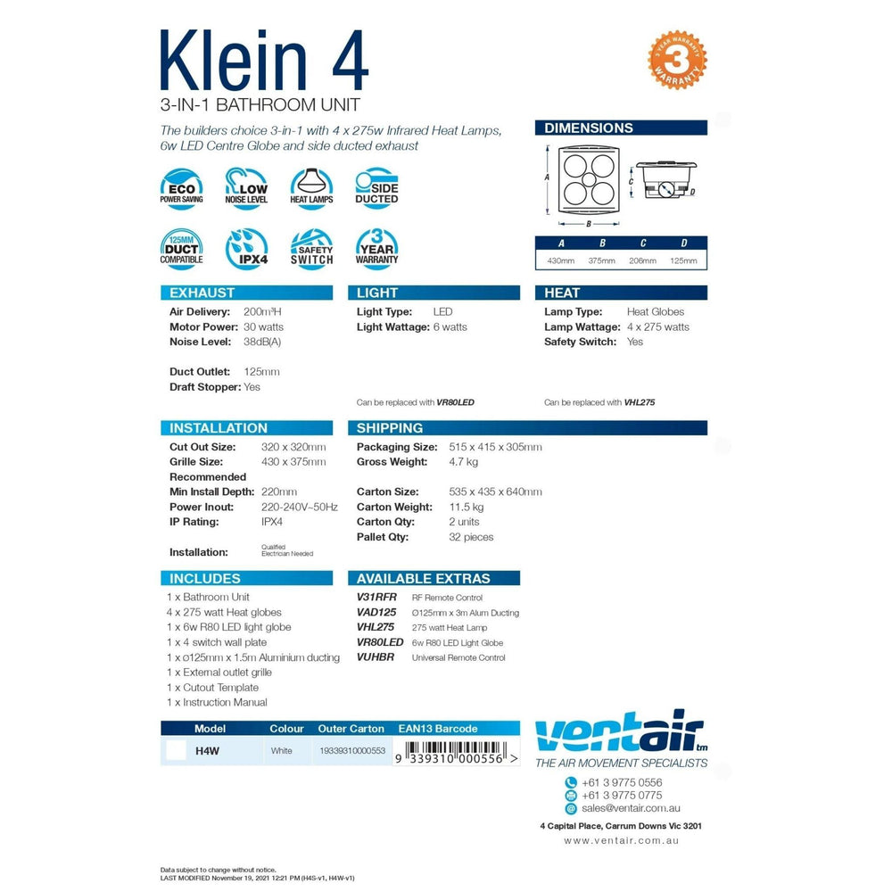 VENTAIR KLEIN 4 3IN1 BATHROOM UNIT WITH 4 HEAT LAMPS, CENTRE LED GLOBE, AND SIDE DUCTED WITH DRAFT STOPPER WHITE