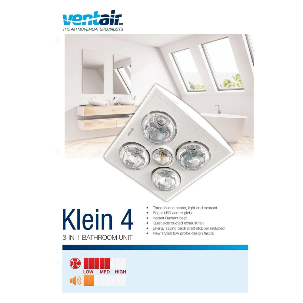 VENTAIR KLEIN 4 3IN1 BATHROOM UNIT WITH 4 HEAT LAMPS, CENTRE LED GLOBE, AND SIDE DUCTED WITH DRAFT STOPPER WHITE