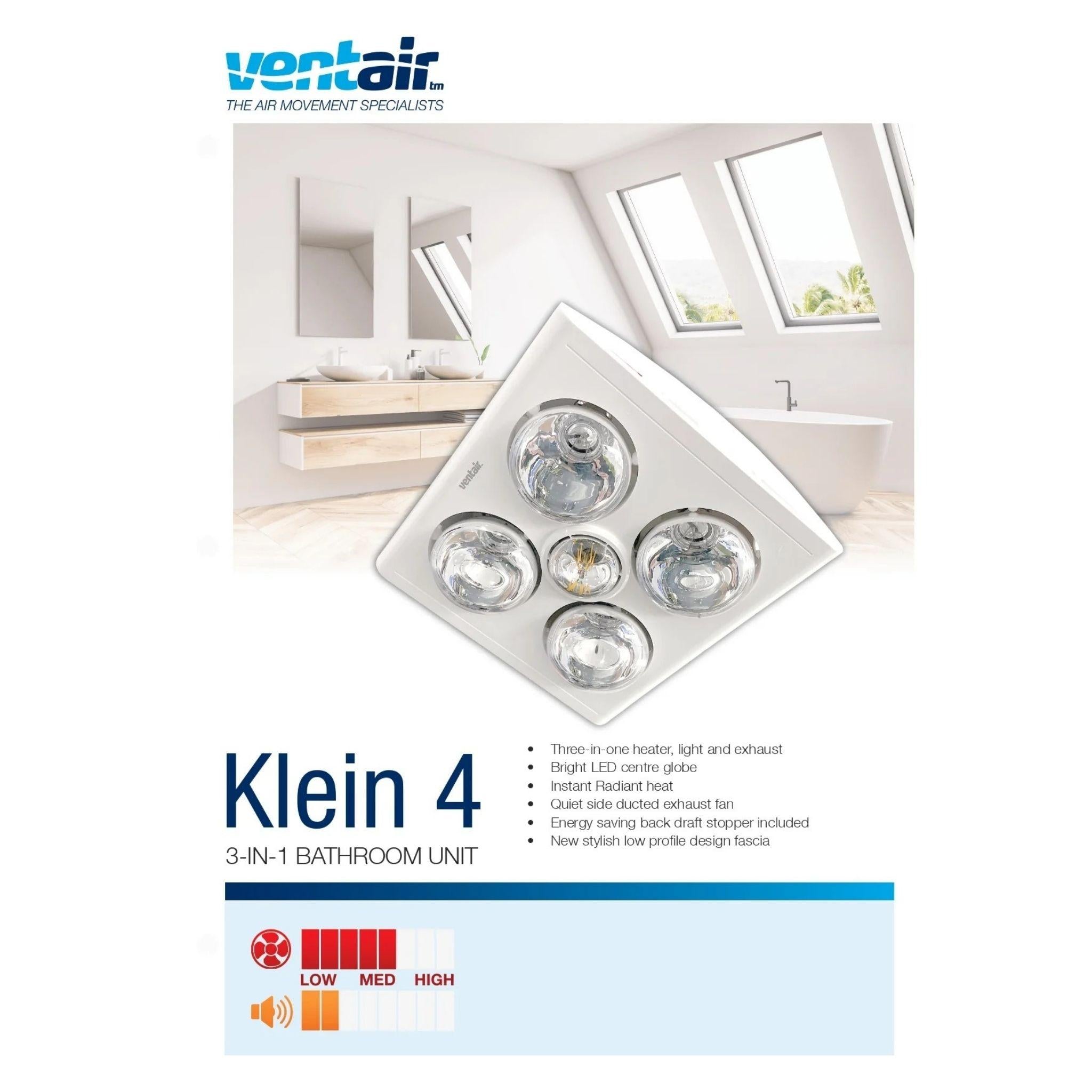 VENTAIR KLEIN 4 3IN1 BATHROOM UNIT WITH 4 HEAT LAMPS, CENTRE LED GLOBE, AND SIDE DUCTED WITH DRAFT STOPPER WHITE