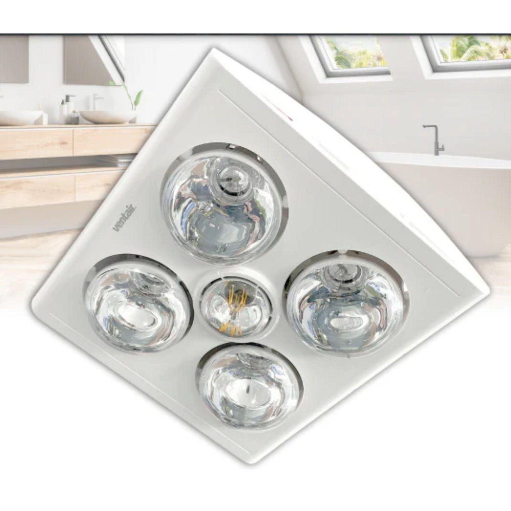 VENTAIR KLEIN 4 3IN1 BATHROOM UNIT WITH 4 HEAT LAMPS, CENTRE LED GLOBE, AND SIDE DUCTED WITH DRAFT STOPPER WHITE
