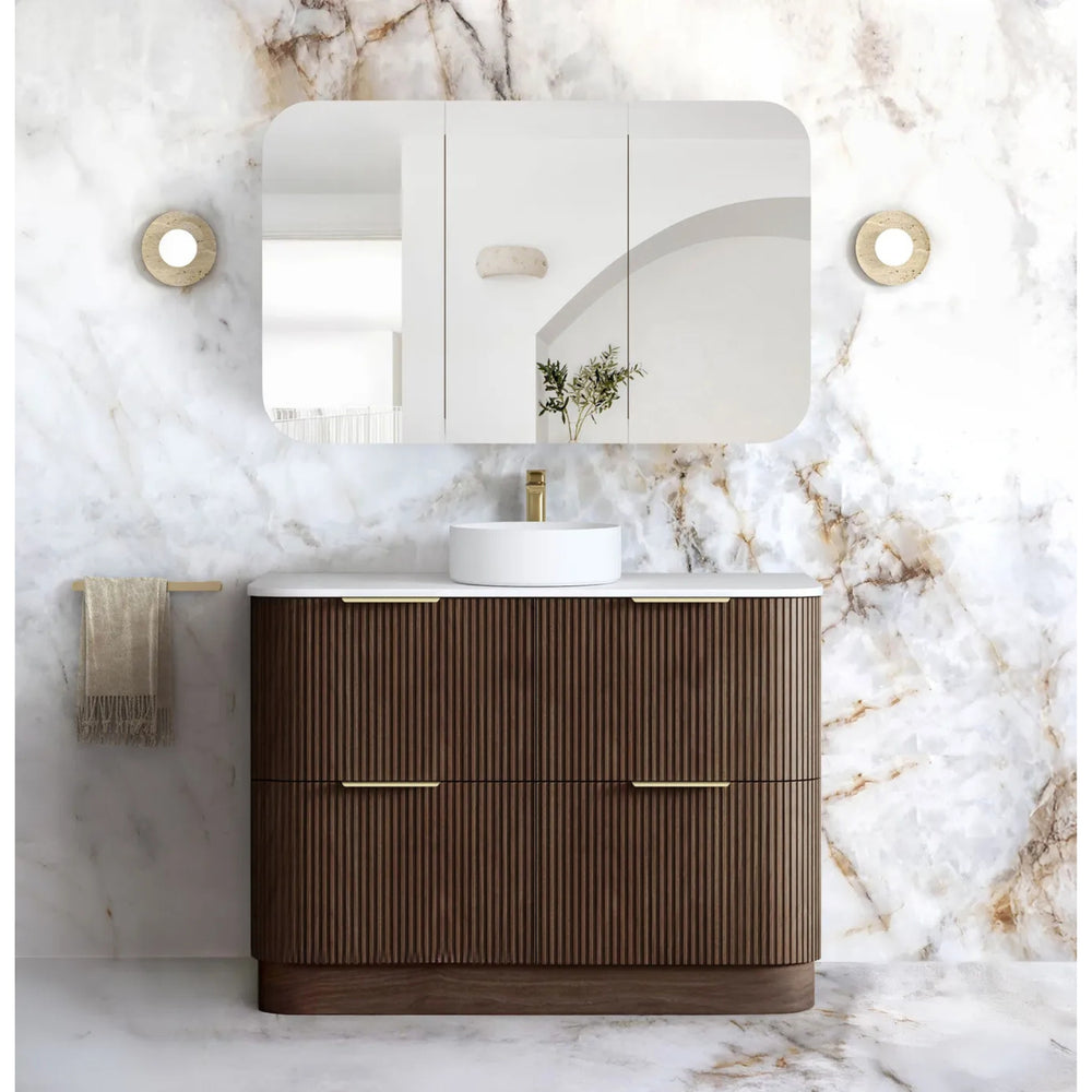 OTTI HAVANA SABLE WALNUT FLUTED 1200MM CURVE SINGLE BOWL FLOOR STANDING VANITY