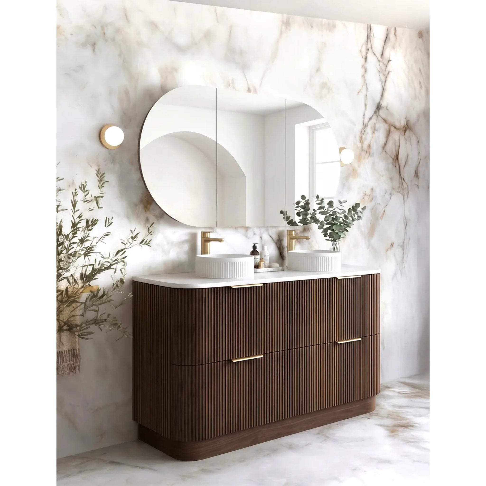OTTI HAVANA SABLE WALNUT FLUTED 1500MM CURVE DOUBLE BOWL FLOOR STANDING VANITY