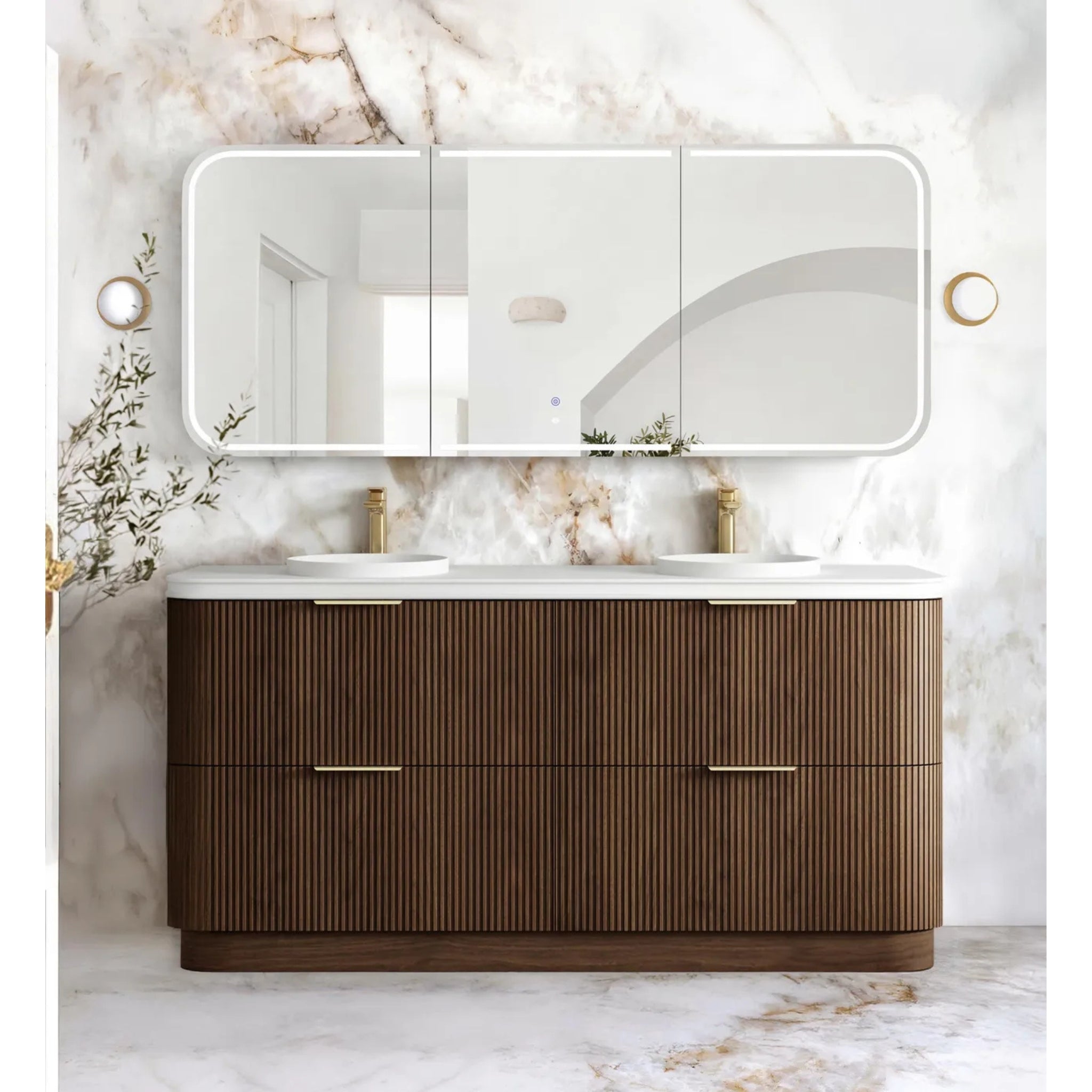 OTTI HAVANA SABLE WALNUT FLUTED 1800MM CURVE DOUBLE BOWL FLOOR STANDING VANITY