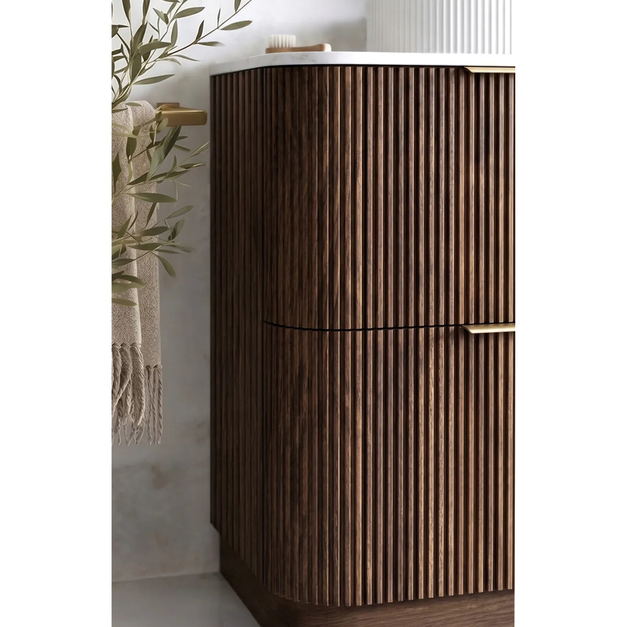 OTTI HAVANA SABLE WALNUT FLUTED 1800MM CURVE DOUBLE BOWL FLOOR STANDING VANITY
