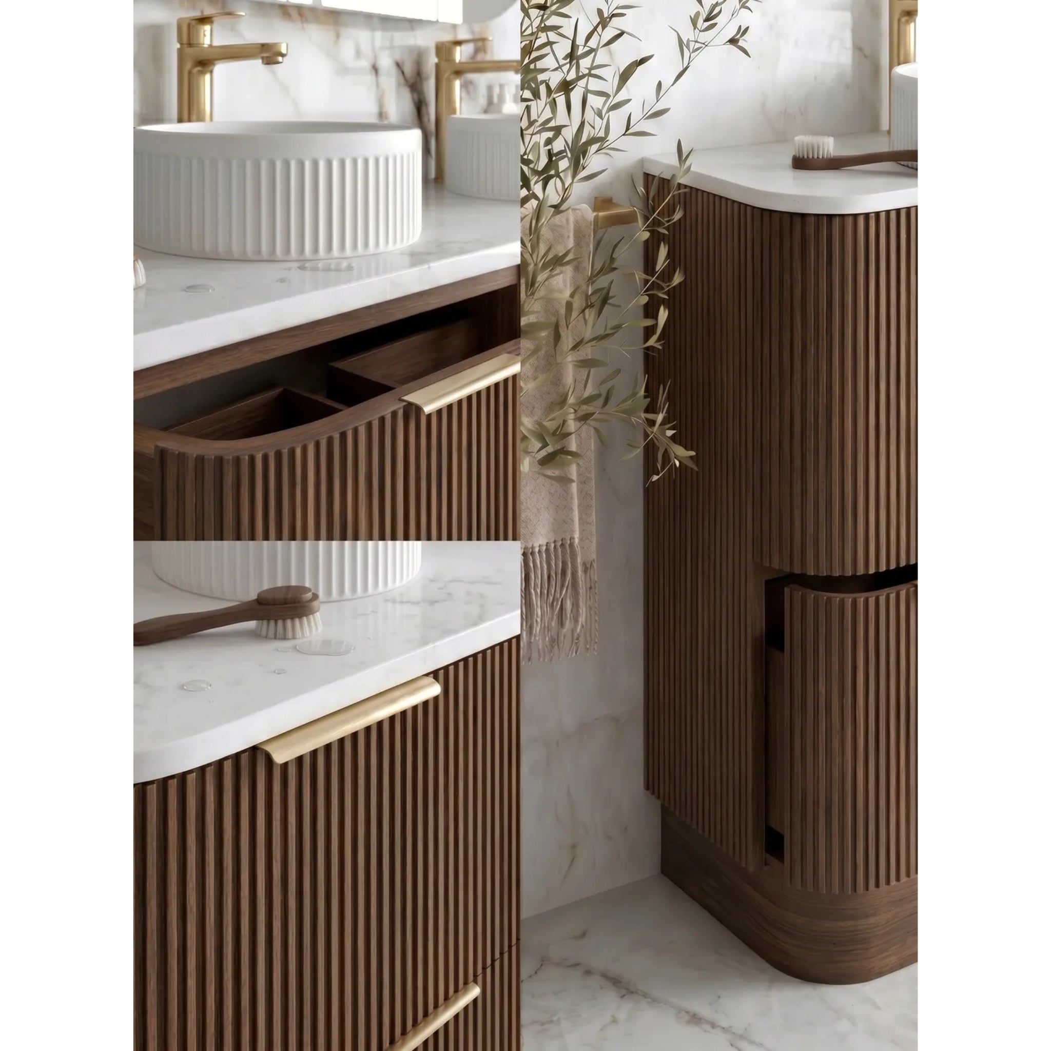 OTTI HAVANA SABLE WALNUT FLUTED 1800MM CURVE DOUBLE BOWL FLOOR STANDING VANITY
