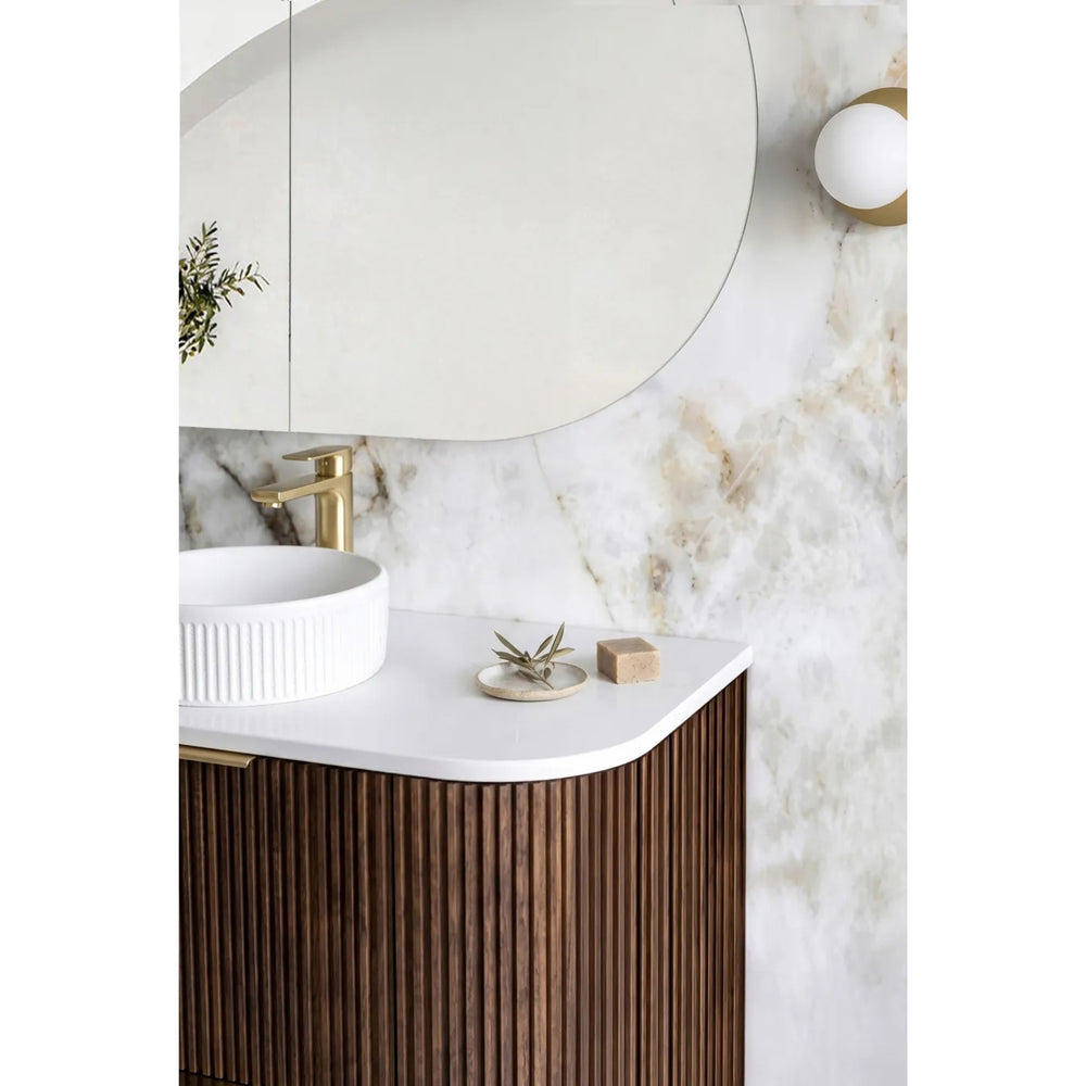 OTTI HAVANA SABLE WALNUT FLUTED 1800MM CURVE DOUBLE BOWL FLOOR STANDING VANITY