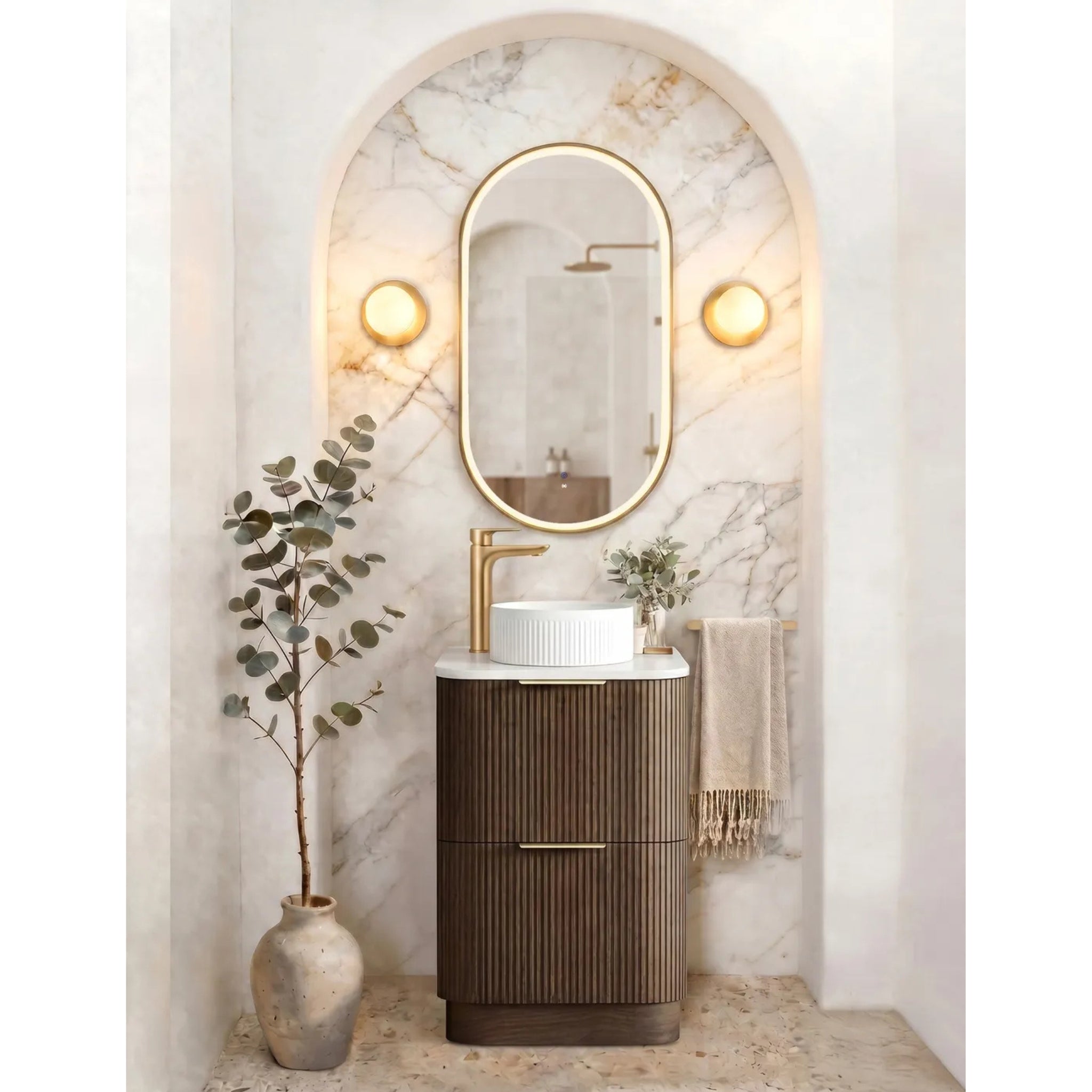 OTTI HAVANA SABLE WALNUT FLUTED 600MM CURVE SINGLE BOWL FLOOR STANDING VANITY