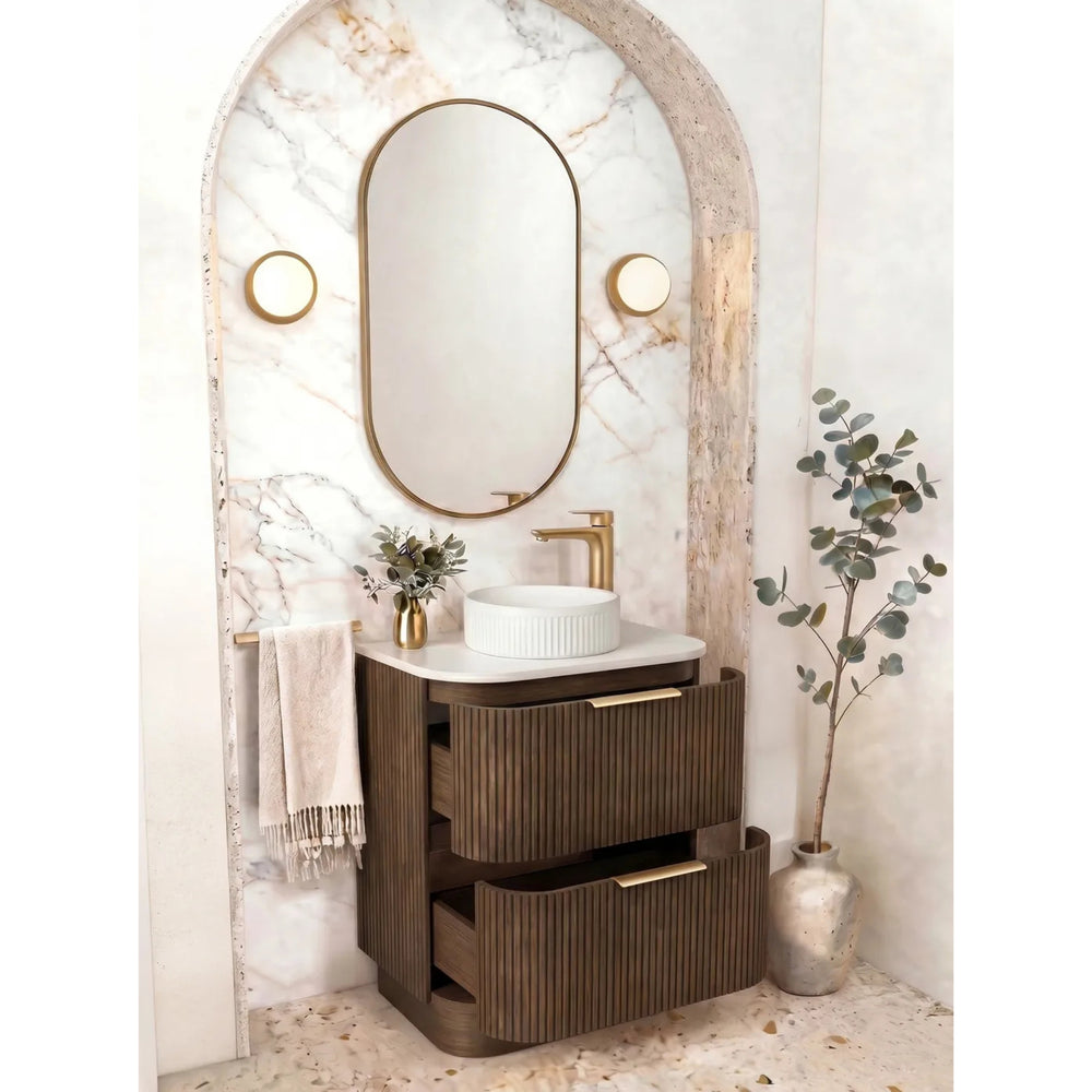 OTTI HAVANA SABLE WALNUT FLUTED 600MM CURVE SINGLE BOWL FLOOR STANDING VANITY