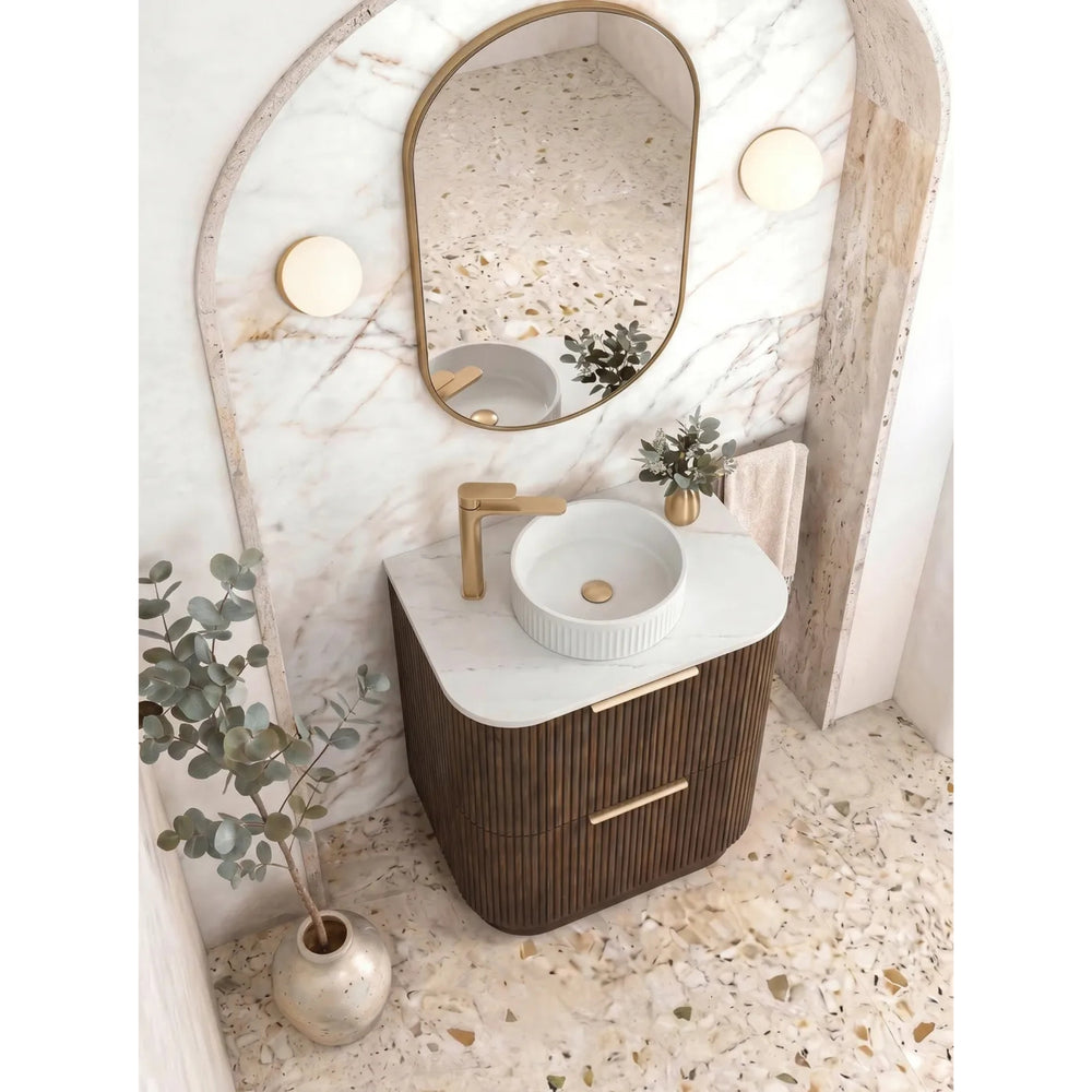OTTI HAVANA SABLE WALNUT FLUTED 600MM CURVE SINGLE BOWL FLOOR STANDING VANITY